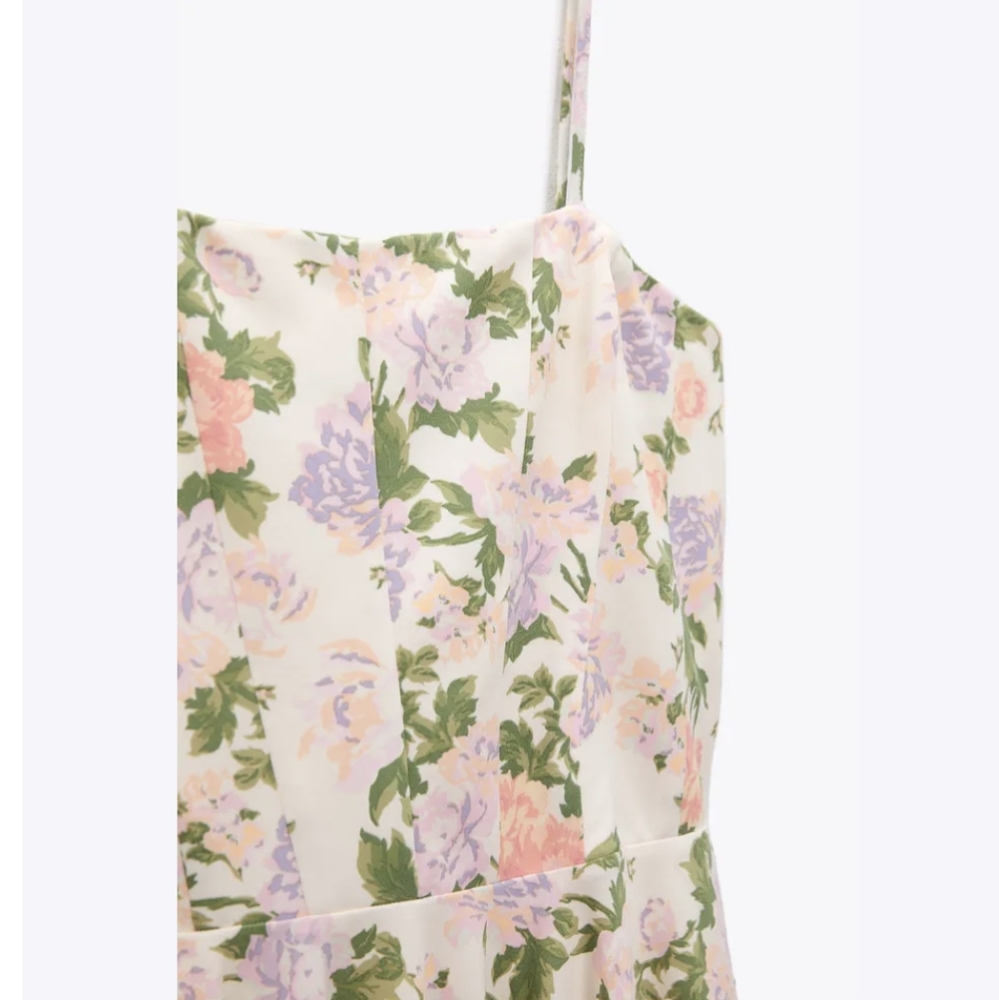 Zara Corset Style Spaghetti Strap Cream Floral Mini Dress Size Medium - Picture 3 of 12